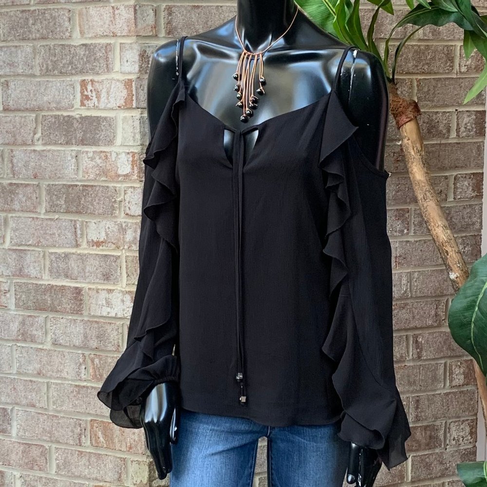 MICHAEL Michael Kors Black Peek-a-Boo Cold-Shoulder Ruffled Sleeve V-Neck Top
